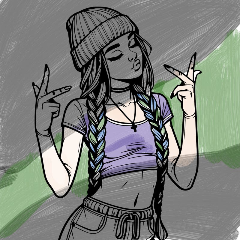 realistic teenage girl with braids and a beanie and crop top doing 🫶🏼
