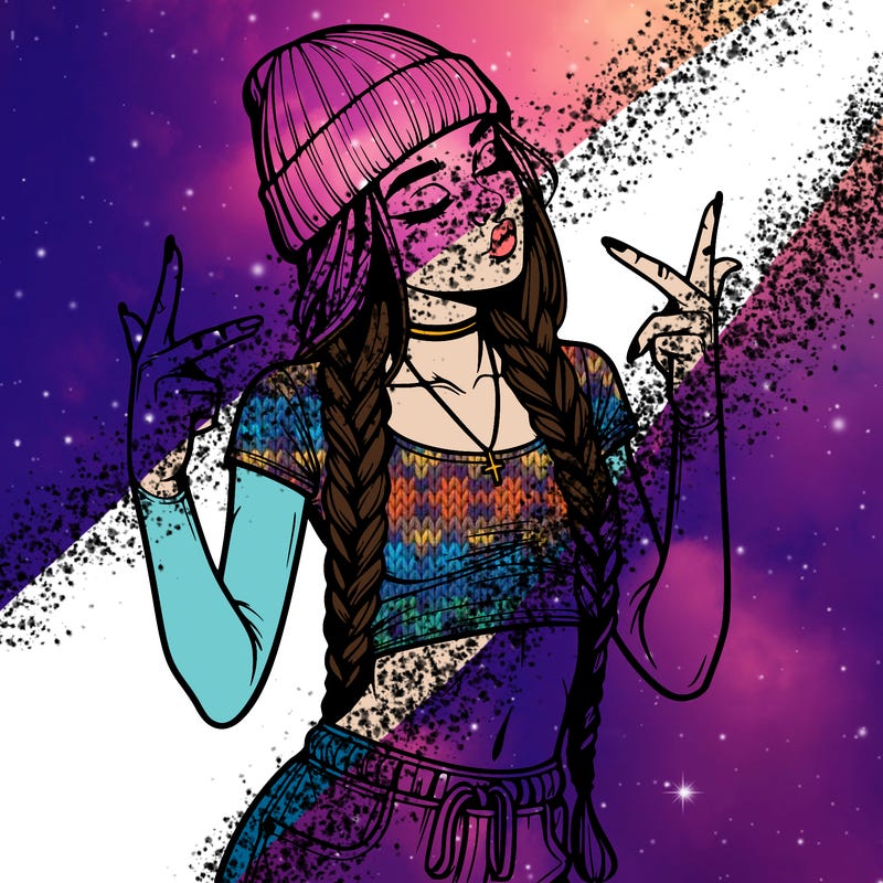 realistic teenage girl with braids and a beanie and crop top doing 🫶🏼