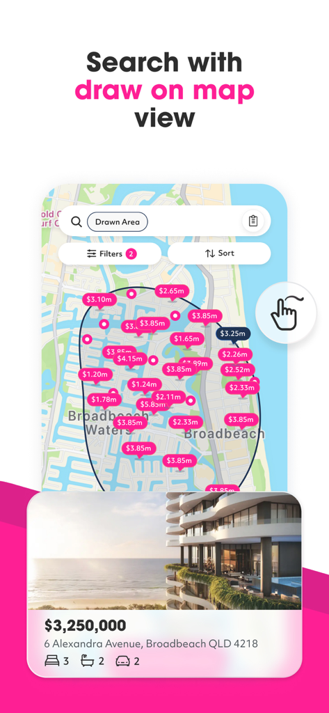 A mobile screen showing the Homely real estate app with a user drawing a custom search area on a map populated with property price pins.