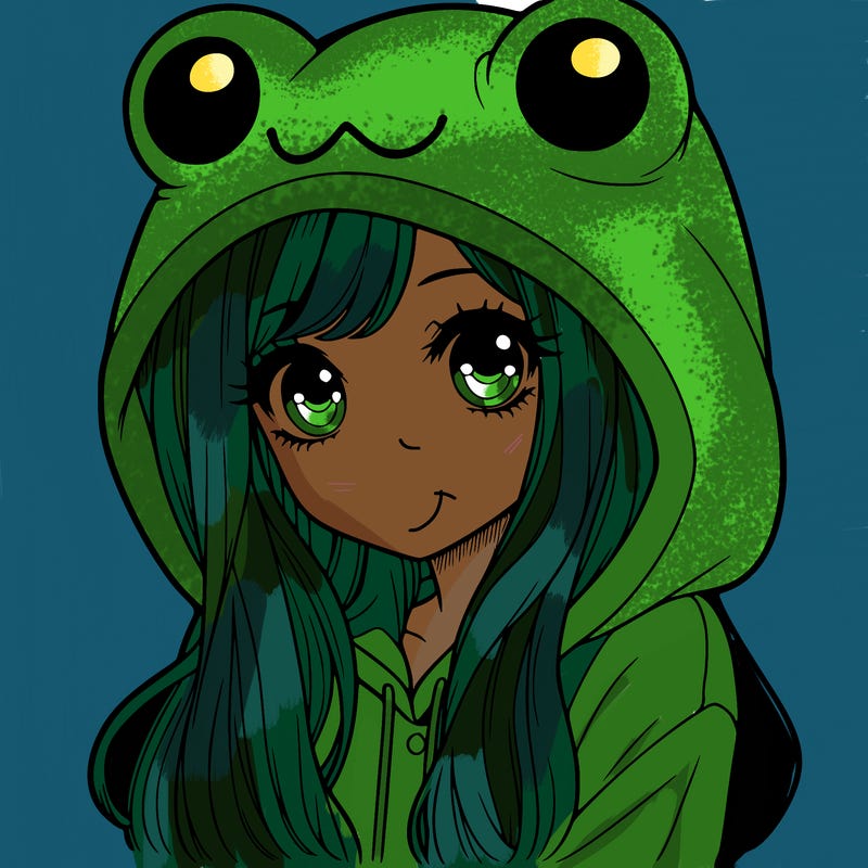 a pretty girl wearing a frog hoodie portrait with long hair