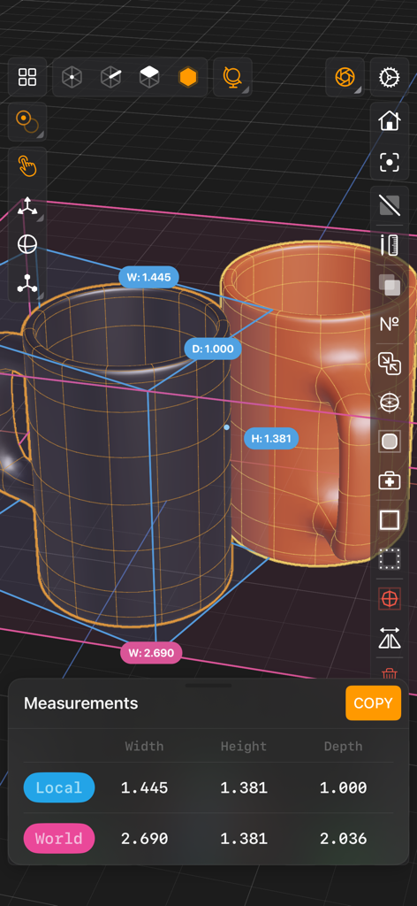 Valence 3D - Valence 3D app interface showing measurement tools on two 3D mugs