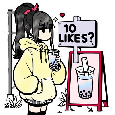 girl with oversized hoodie drinking boba and she has a high ponytail with a sign that says 10likes?
