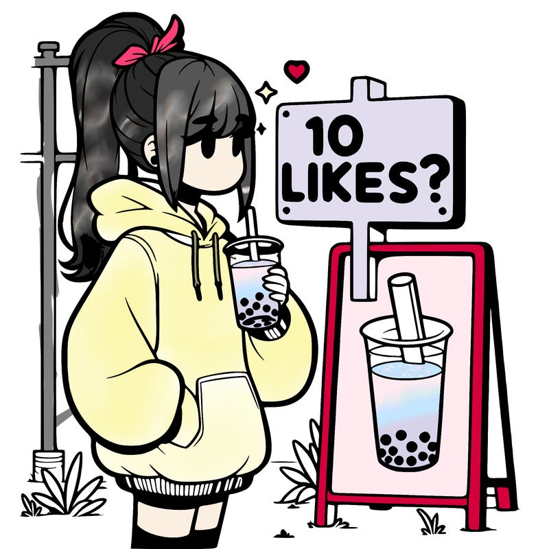 girl with oversized hoodie drinking boba and she has a high ponytail with a sign that says 10likes?