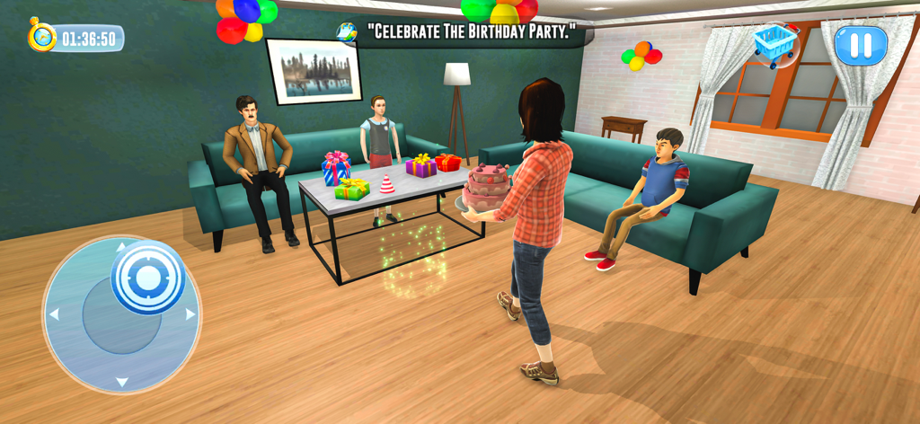 Virtual Mom Sim Game - Un personaje de mamá virtual llevando un pastel de cumpleaños para celebrar con su familia en una escena de sala de estar.