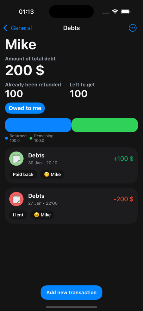 Saro: Money Manager - Debt management screen in Saro Money Manager app showing money owed and repayment history