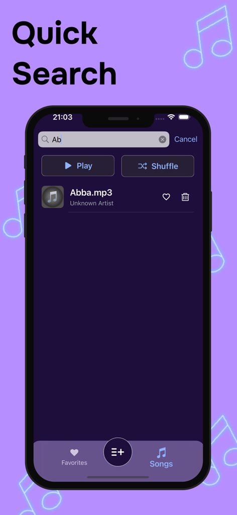 Just Music Player - JMP - Una captura de pantalla de la aplicación Just Music Player que muestra la función de búsqueda rápida con un resultado de búsqueda de un archivo MP3 en una interfaz morada minimalista.