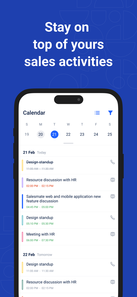 Salesmate – Sales CRM - Salesmate CRM mobile app interface showing a calendar with scheduled sales activities and meetings