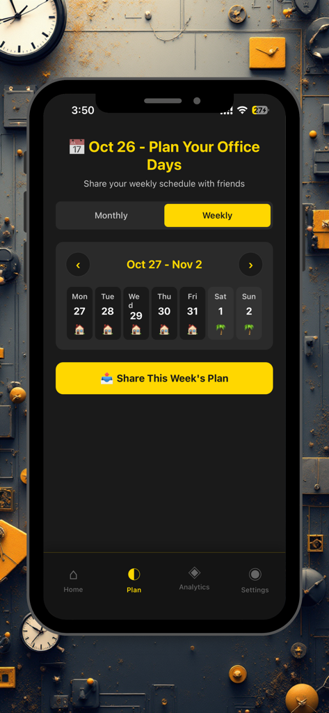 Weekly schedule view in the Hybrid Office Tracker app for planning office days