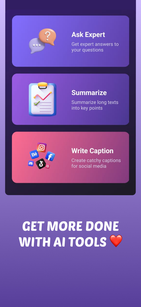 Reply AI - Your Chat Assistant - Interface of Reply AI app showing tools for expert answers, text summarization, and social media captions.
