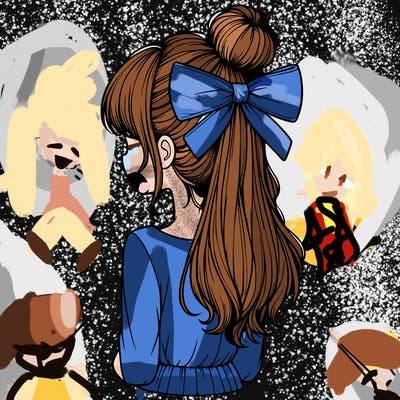 realistic girl  with hip length hair a bun and a big bow on the back of head