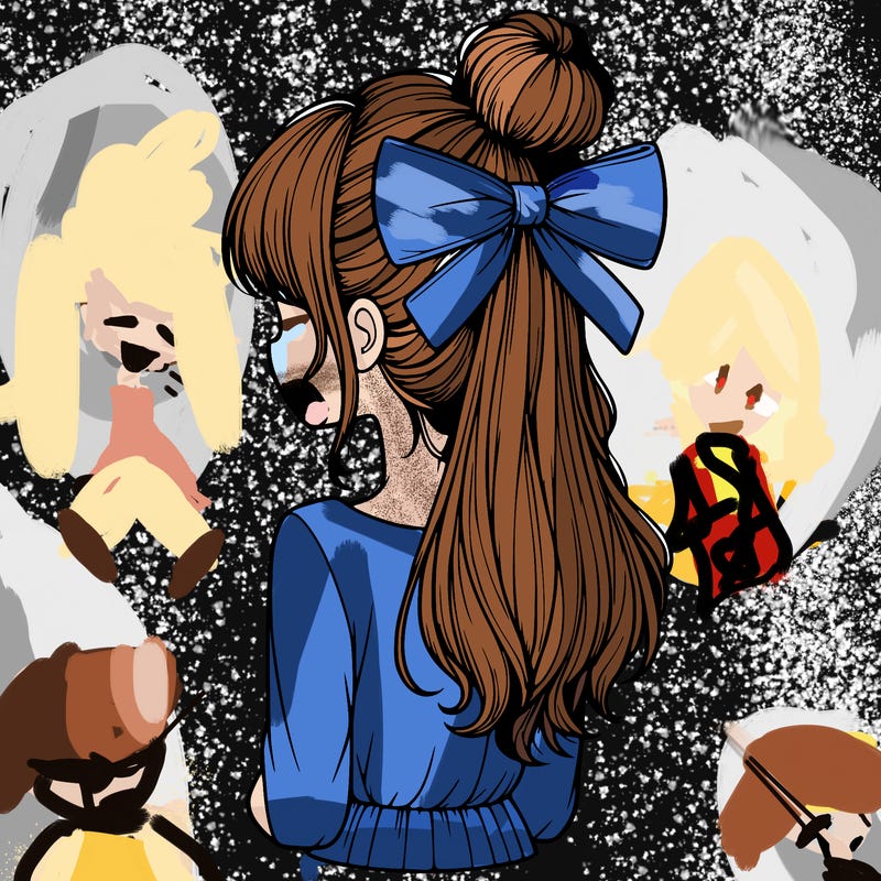 realistic girl  with hip length hair a bun and a big bow on the back of head