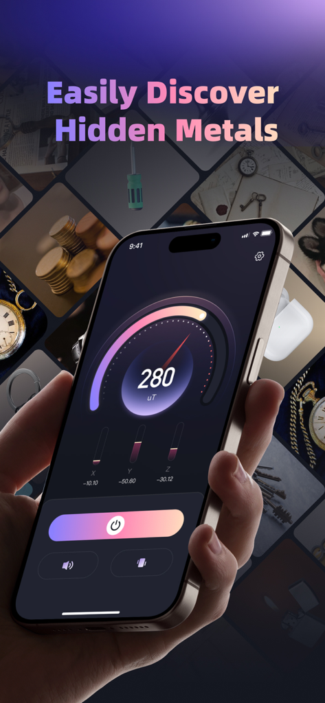Metal Detector EMF+ - iPhone screen displaying the Metal Detector EMF plus app with a gauge showing 280 microteslas of magnetic field strength