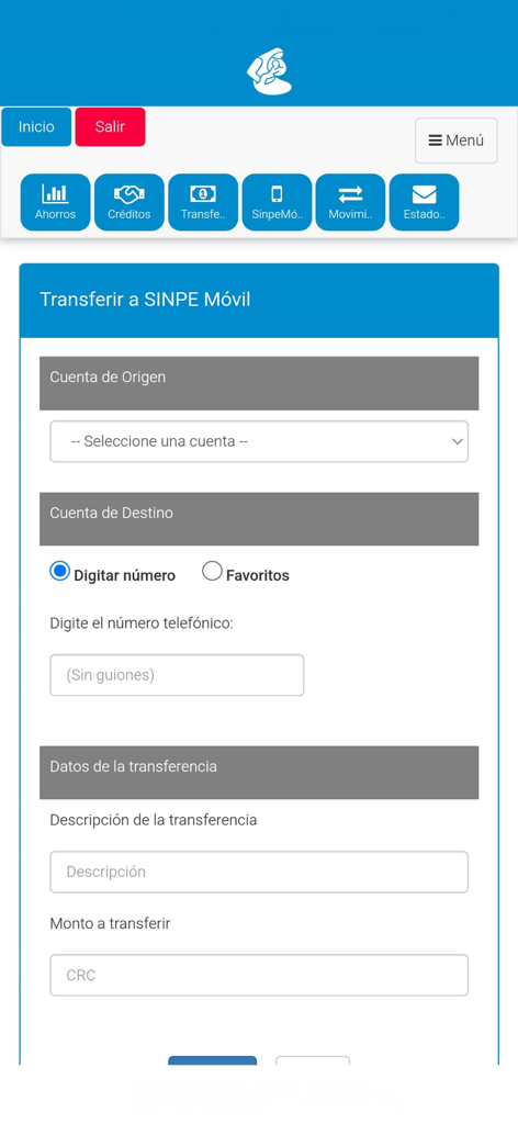 ASECCSS Móvil - ASECCSS Móvil app interface for SINPE Móvil money transfers