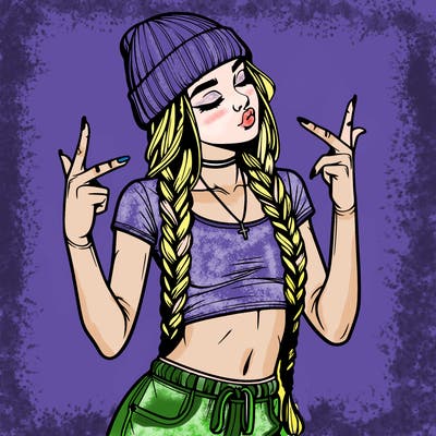 realistic teenage girl with braids and a beanie and crop top doing 🫶🏼