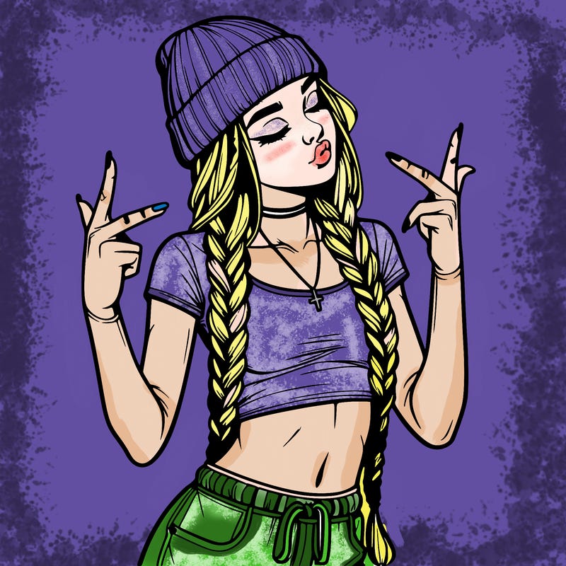 realistic teenage girl with braids and a beanie and crop top doing 🫶🏼