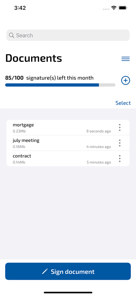 e-signature app SIGNply - SIGNplyアプリの文書ダッシュボードに、その月の残りの署名が表示されています。