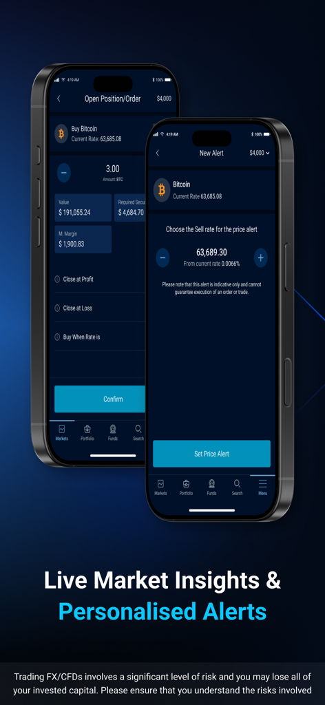 Xtrade-App-Oberfläche auf zwei Smartphones, die eine Bitcoin-Handelsorder und personalisierte Preisalarm-Einstellungen zeigt