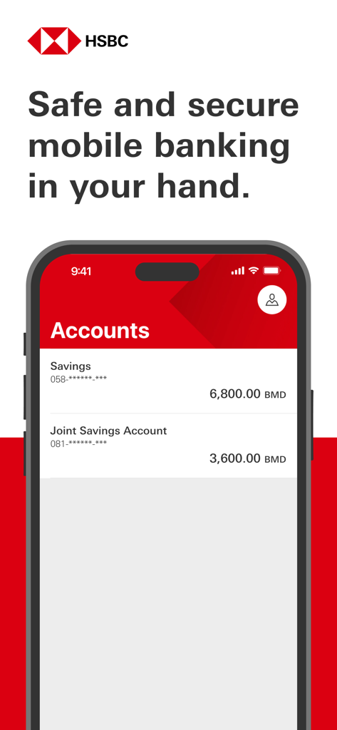 HSBC Bermuda - HSBC Bermuda mobile banking app displaying savings and joint savings account balances on an iPhone screen