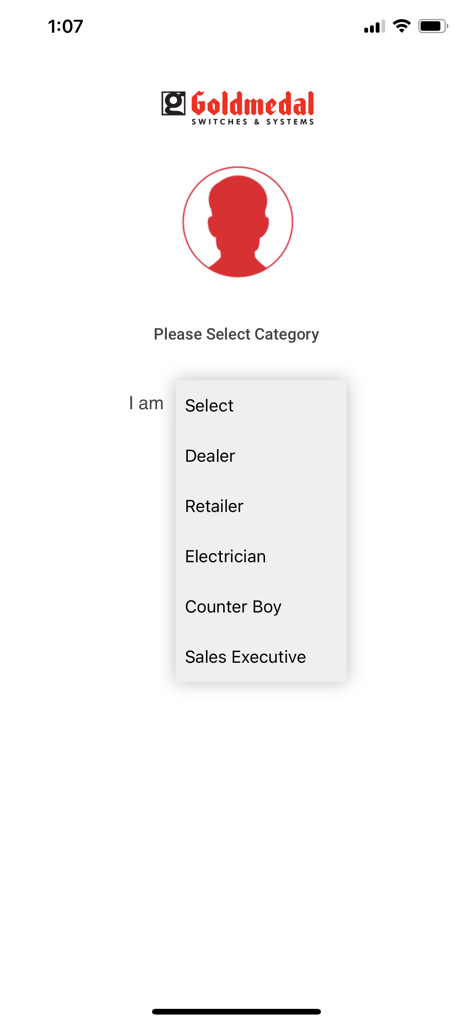 Dhan Barse app registration screen with a dropdown menu to select user category including Dealer Retailer and Electrician