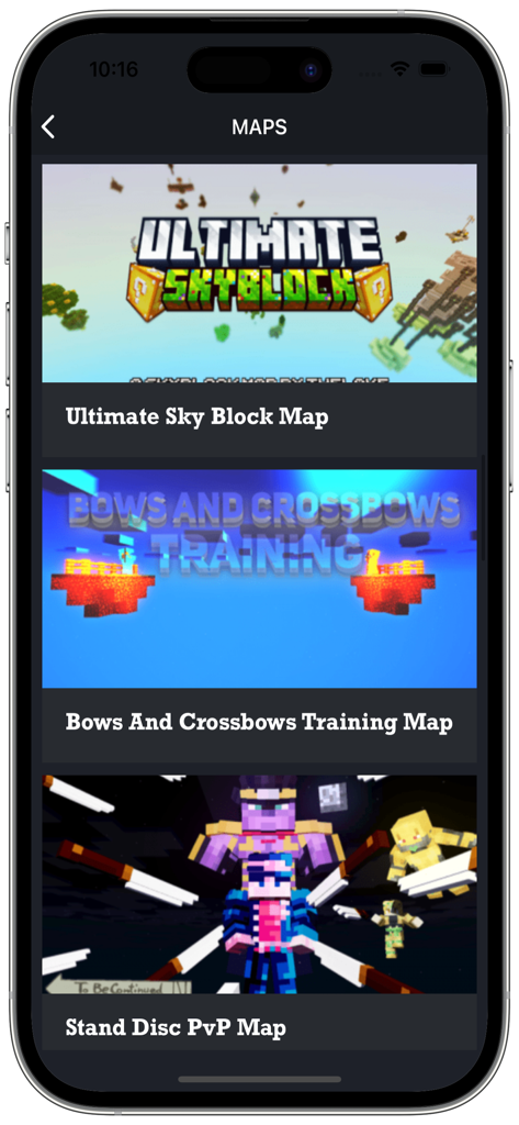 MCPE ADDONS FOR MINECRAFT PE + - A list of custom Minecraft PE maps including Ultimate Sky Block and Bows and Crossbows training within the MCPE Addons app.