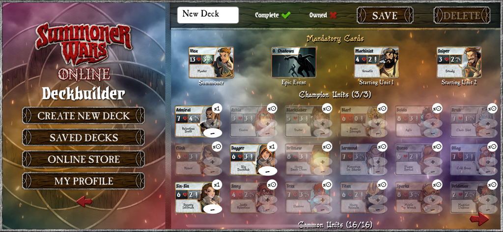 Summoner Wars Online - Deck builder interface in Summoner Wars Online showing various unit and summoner cards for strategy gameplay