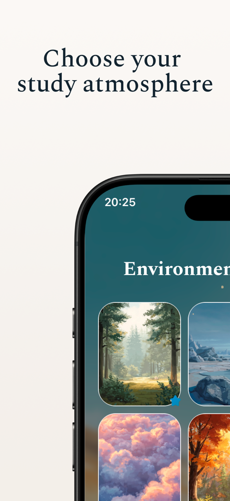Petimer: Pomodoro & Study Pets - Interface showing different cozy study atmospheres in the Petimer app
