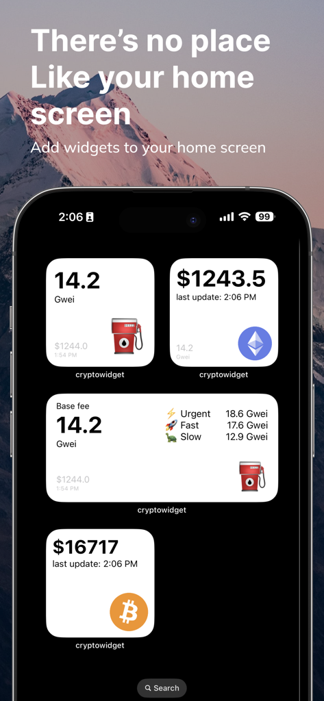 Crypto Widget Toolkit - iOS home screen featuring crypto widgets for Ethereum gas fees and Bitcoin market prices