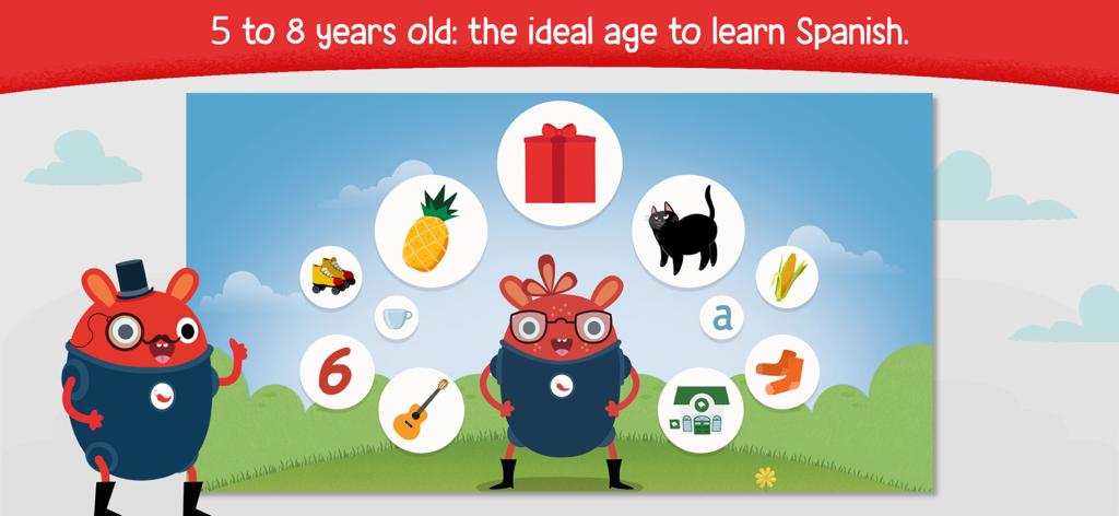 Dos personajes de Pili Pop en un paisaje colorido rodeados de iconos de vocabulario educativo para niños que aprenden español