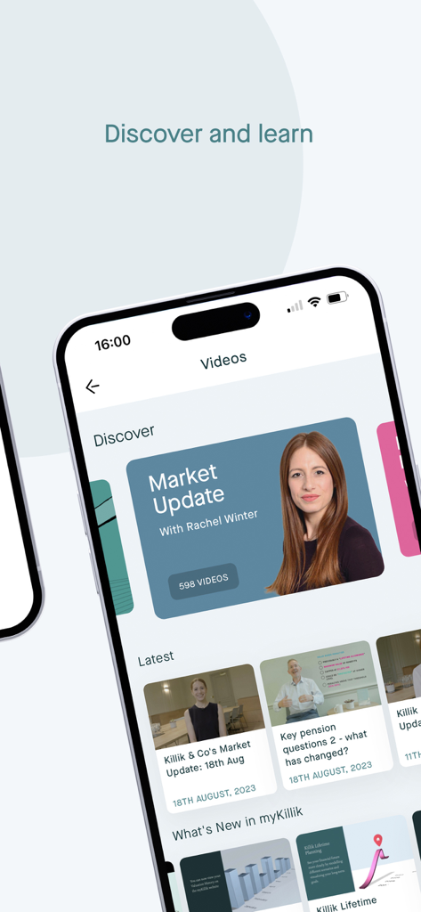 Pantalla de la aplicación Killik and Co que muestra la sección de Videos para actualizaciones del mercado y educación financiera.