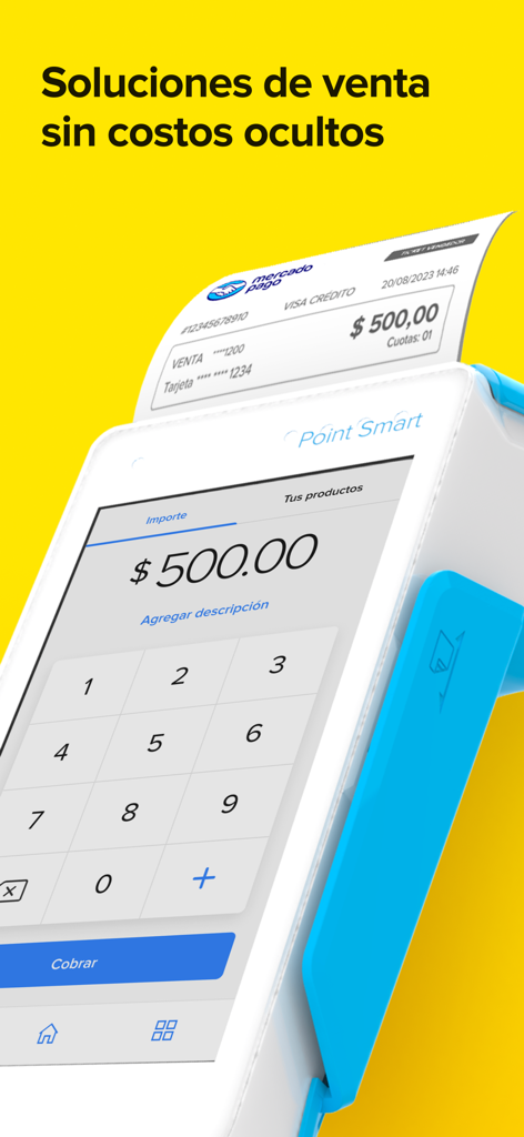 Mercado Pago Point Smart card reader showing a payment transaction of five hundred dollars