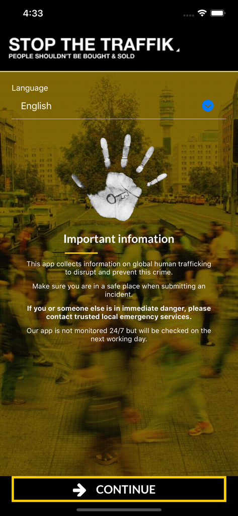The STOP APP onboarding screen displaying important safety information and instructions for reporting human trafficking incidents.
