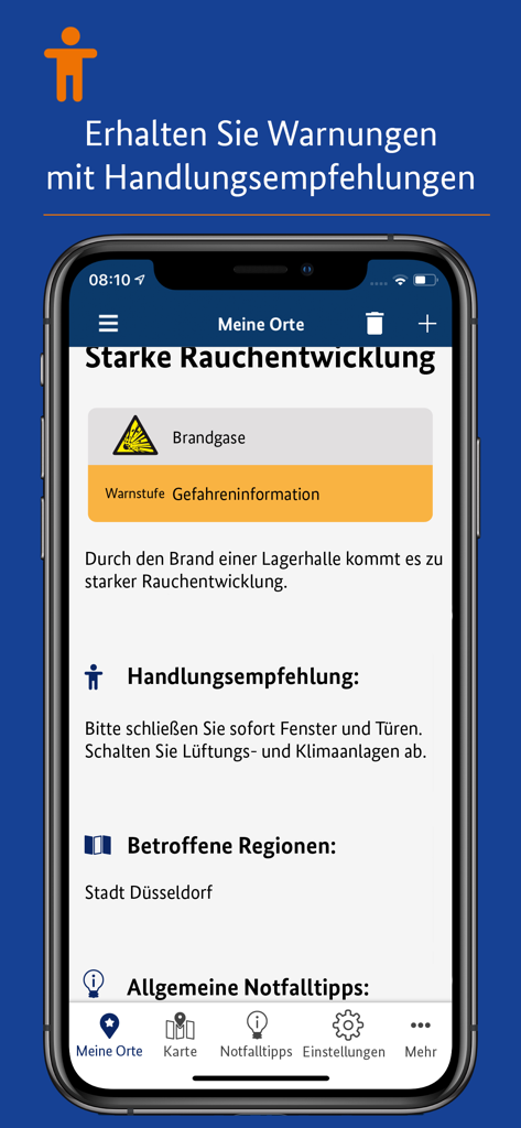 Screenshot der NINA-App mit einer Notfallwarnung wegen starkem Rauch in Düsseldorf mit Sicherheitsempfehlungen zum Schließen von Fenstern.