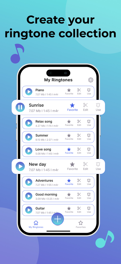 Tik Ringtones - iPhone上のカスタムメロディーと着信音のリストを表示するTik Ringtonesアプリインターフェース