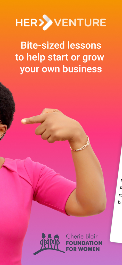 eLearning Courses: HerVenture - HerVenture app screen showing bite sized lessons to help start or grow a business for women entrepreneurs