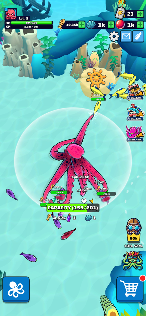 Octopus Feast - Gameplay screenshot of Octopus Feast showing a pink octopus hunting fish in a vibrant underwater environment with a mobile game interface.