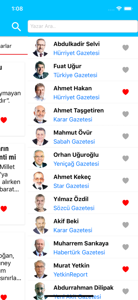 Interface of the Gazete Oku app displaying a searchable list of Turkish newspaper columnists and authors with options to favorite them.