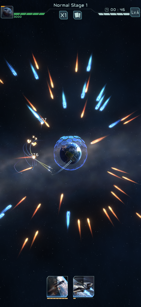 Planet Defense: Space TD game - Terra con uno scudo esagonale che difende da proiettili spaziali in Planet Defense