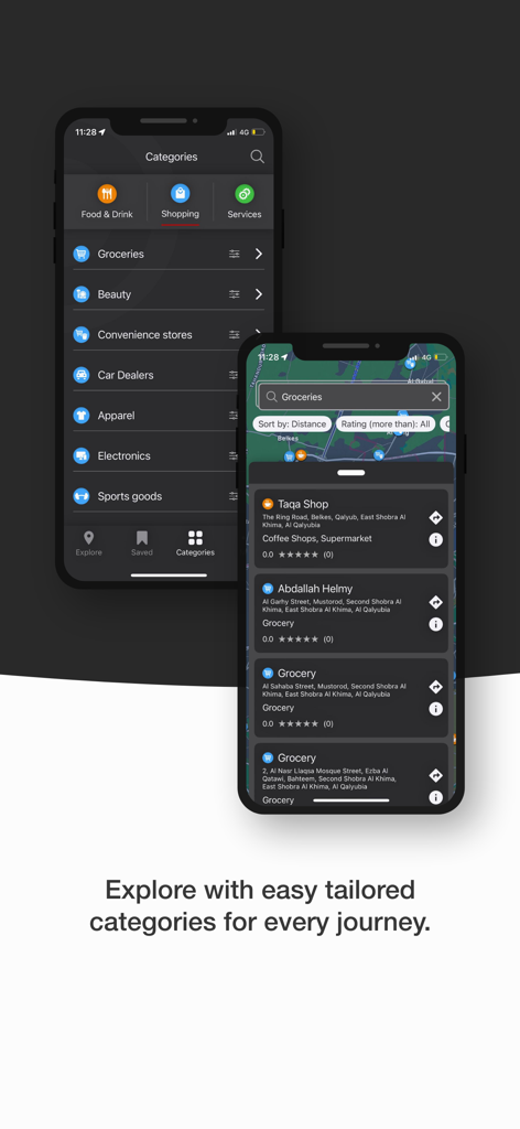 EGIPA - Schermate dell'app mobile EGIPA che mostrano categorie di attività commerciali personalizzate e risultati di ricerca di negozi di alimentari su una mappa dell'Egitto