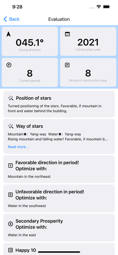 Professional Feng Shui evaluation report showing property orientation and star analysis.