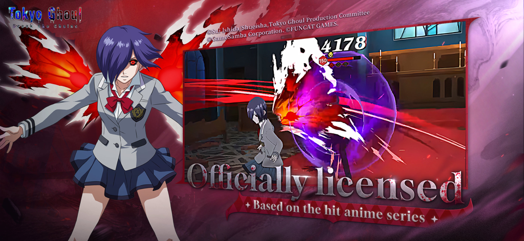 Tokyo Ghoul · Break the Chains - Tokyo Ghoul Break the Chains mobile RPG gameplay showing Touka Kirishima and 3D battle scenes.