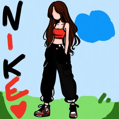 girl in baggy pants crop top and long hair