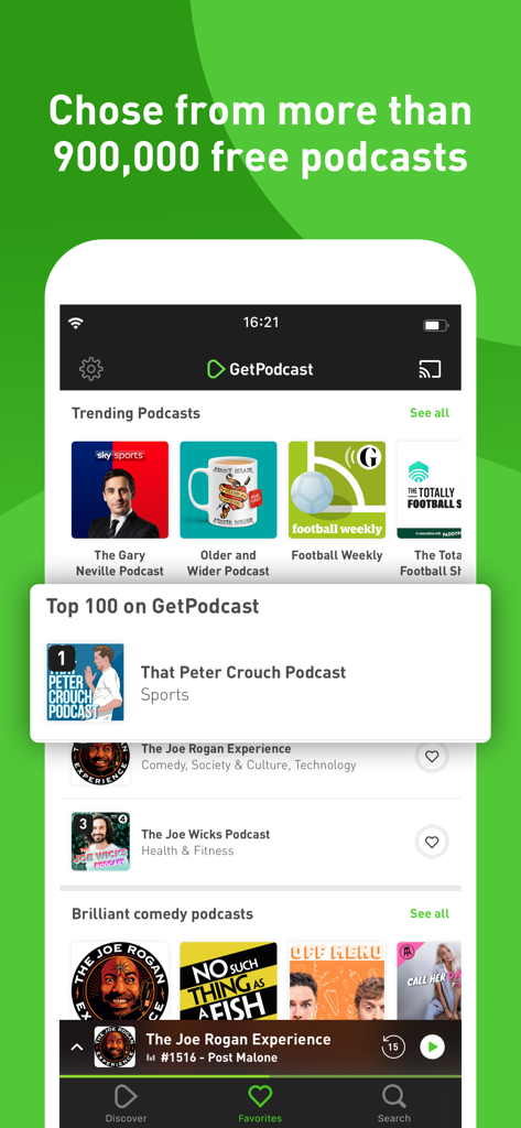 GetPodcast - Podcast Player - Der Entdeckungsbildschirm der GetPodcast-App zeigt trendige Shows und Top-Podcast-Charts.
