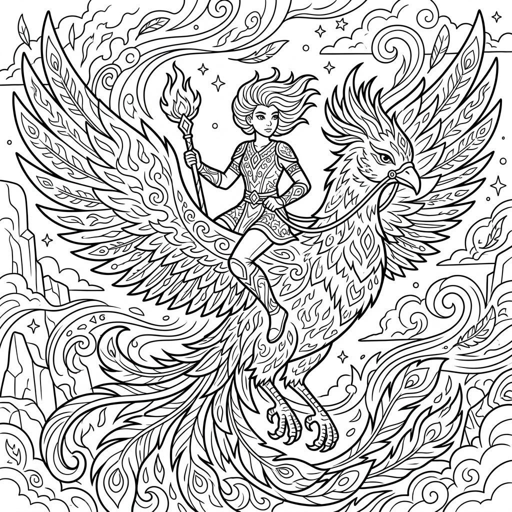 Mythical Phoenix Rider Coloring Page for Teens