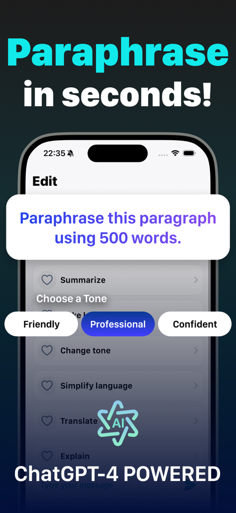Writify: AI Writing Assistant - Writify AI assistant mobile app interface demonstrating a paraphrasing tool with professional tone selection