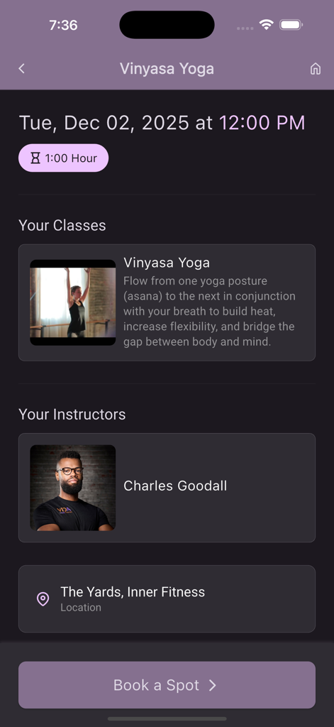 VIDA Fitness app screen showing Vinyasa Yoga class details and booking option with instructor Charles Goodall