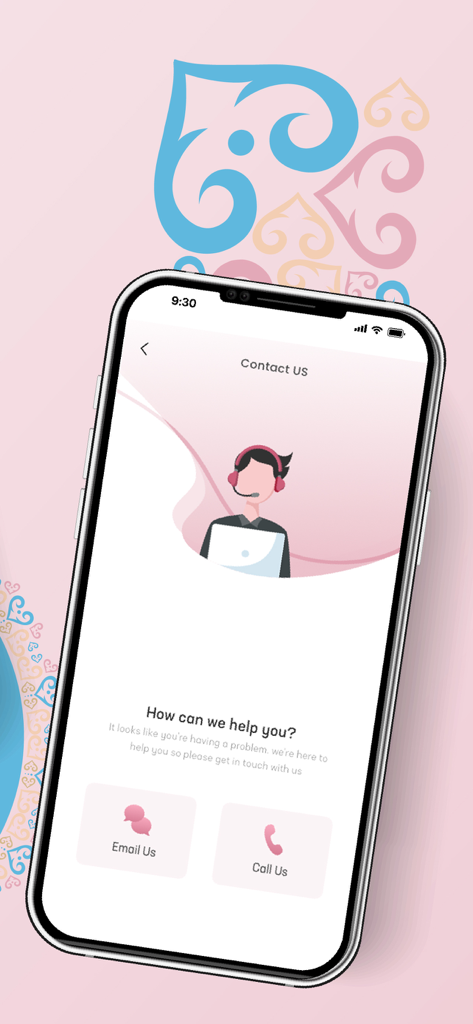 Pagina Contattaci dell'app El Abd Pasticceria con opzioni di supporto clienti tramite email e telefono