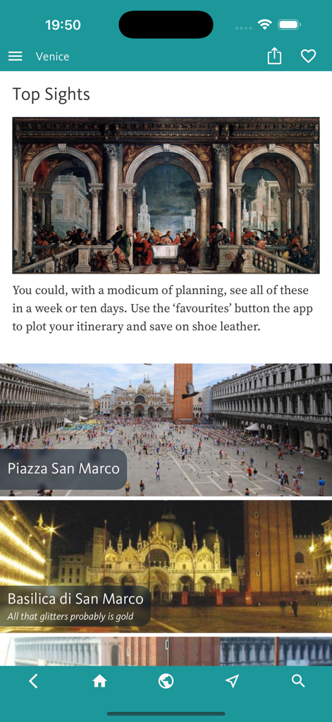 Screenshot of Venice Art and Culture app displaying top landmarks like Piazza San Marco and Basilica di San Marco