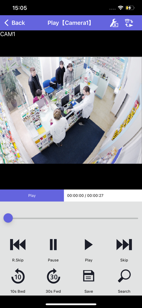 i-PRO Mobile APP - Video playback screen in the i-PRO Mobile APP showing a business surveillance feed with playback controls.
