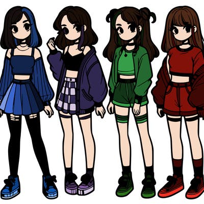 one girl with crop-top shirt and a jacket with a skirt, long socks and another girl with a shirt and pants with a jacket