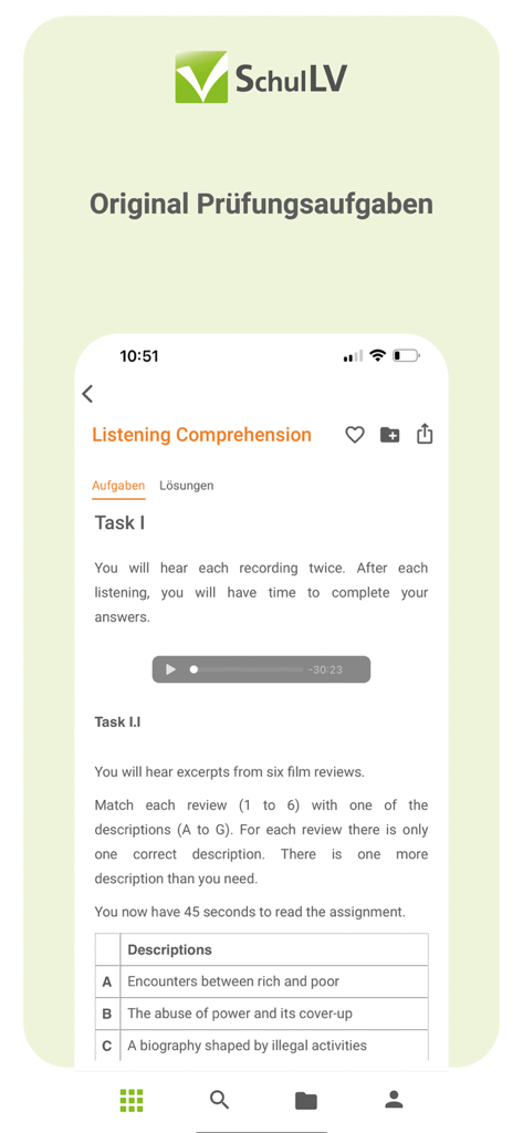 SchulLV - Screenshot der SchulLV App, der eine Übungsaufgabe zum Hörverstehen in Englisch mit Audioplayer und Multiple-Choice-Optionen zeigt.